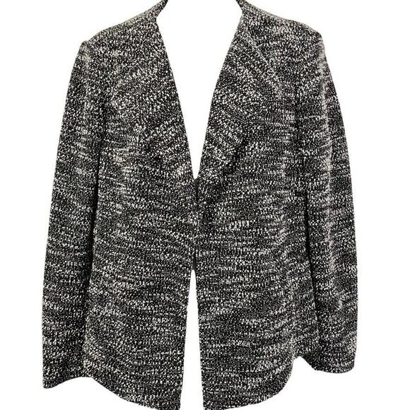 Ann Taylor Loft Petites Womens Tweed Open Suit Jacket Blazer Black White sz L P - Picture 1 of 16